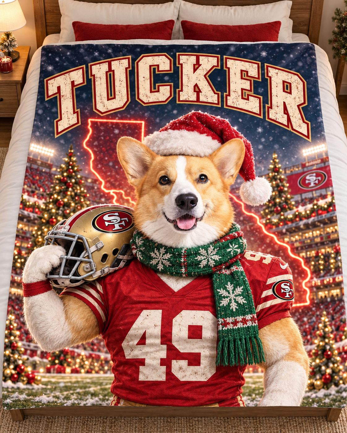 Corgi Christmas Blanket on Bed