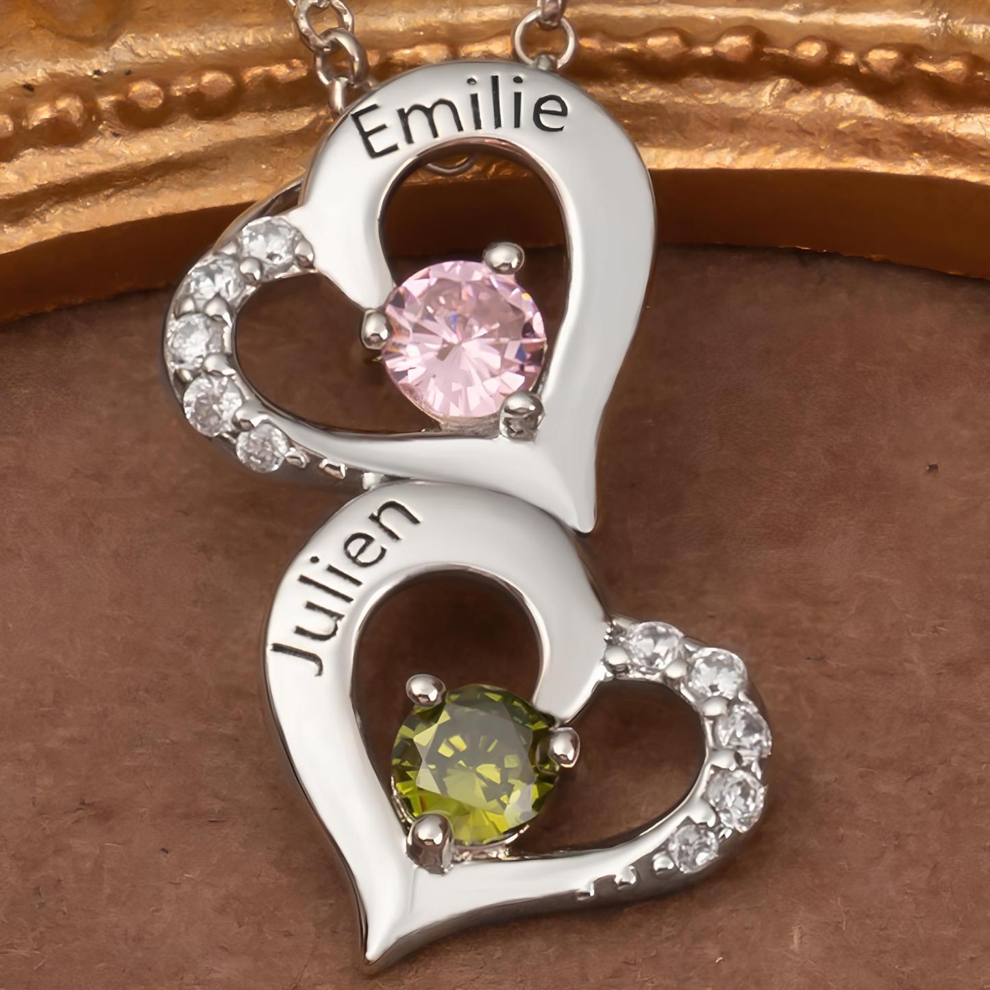 Personalized 2 Hearts Necklaces With Names and Birthstones