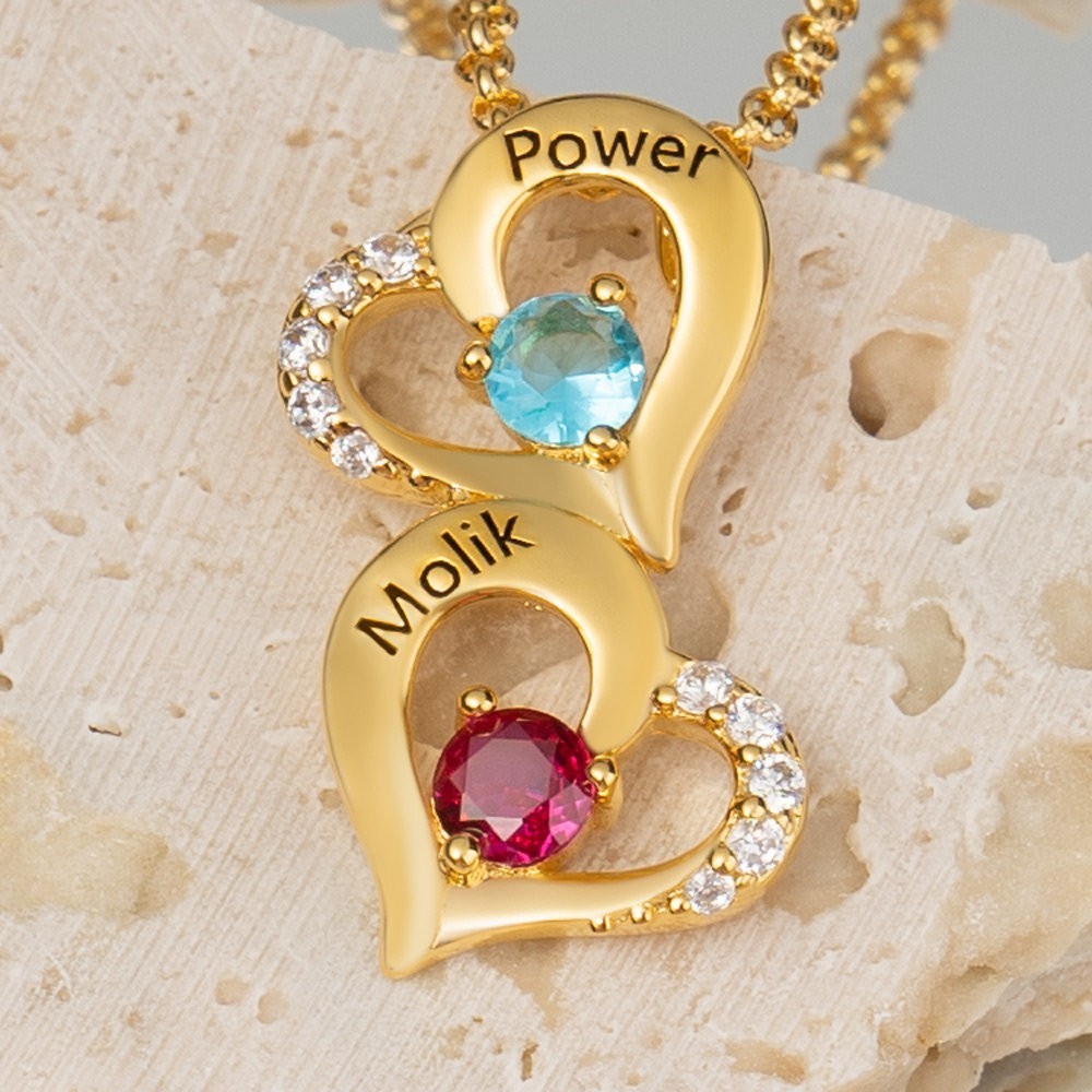 Personalized 2 Hearts Necklaces With Name and Birthstone