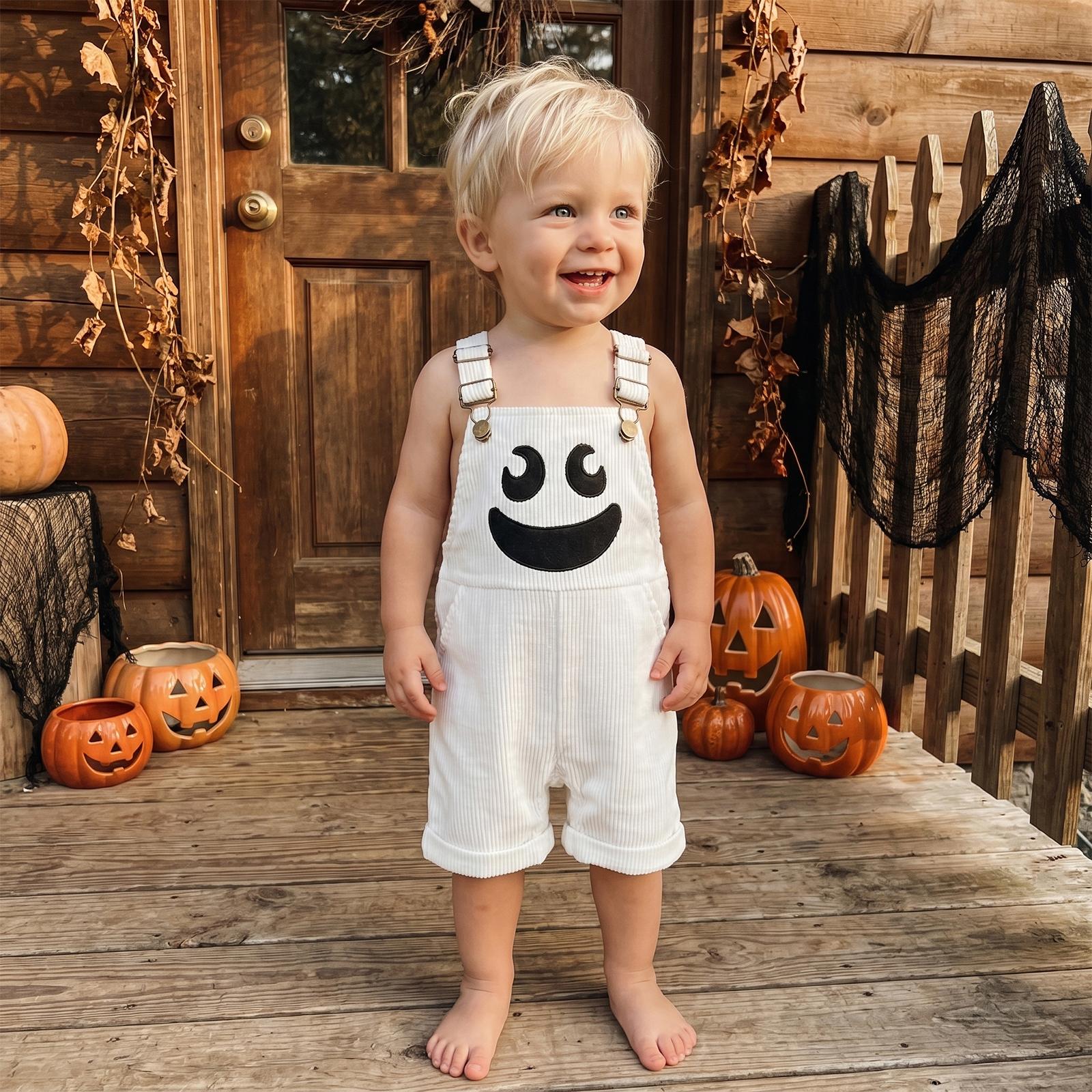 Toddler Baby Boy Halloween Overalls with Pockets Ribbed Devil Face Pattern Sleeveless Jumpsuit