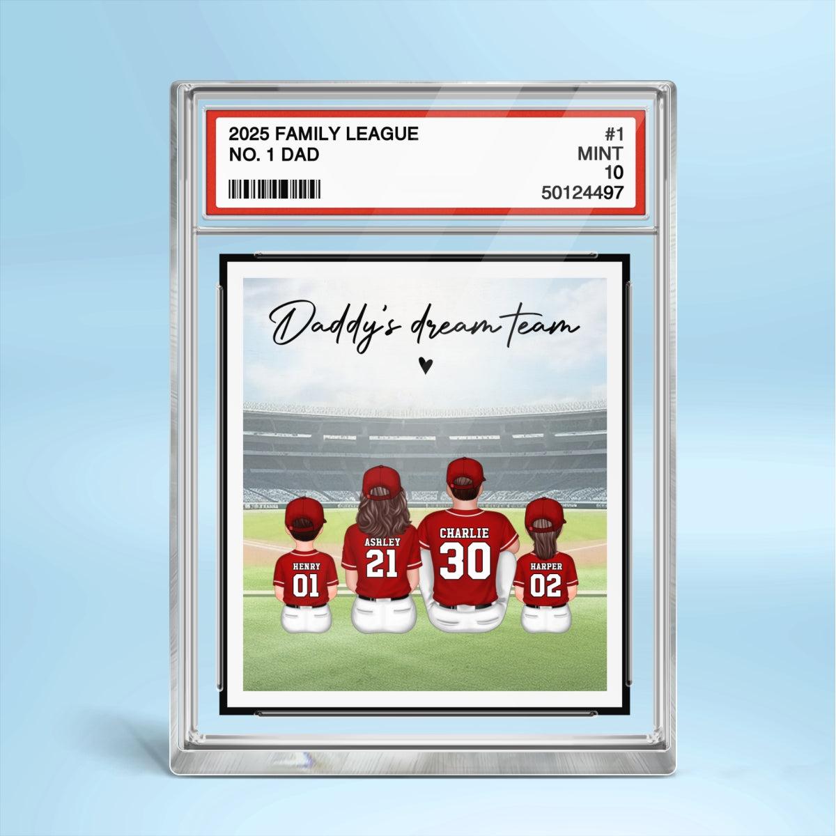 Baseball No. 1 Dad Man & Kids Sitting Trading Card Style Personalized Acrylic Block Plaque