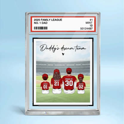 Baseball No. 1 Dad Man & Kids Sitting Trading Card Style Personalized Acrylic Block Plaque