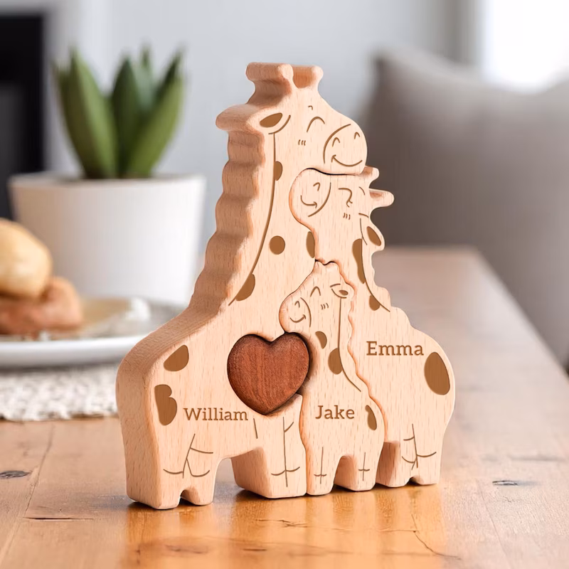 Personalized Wooden Hugging Giraffe Family Puzzle