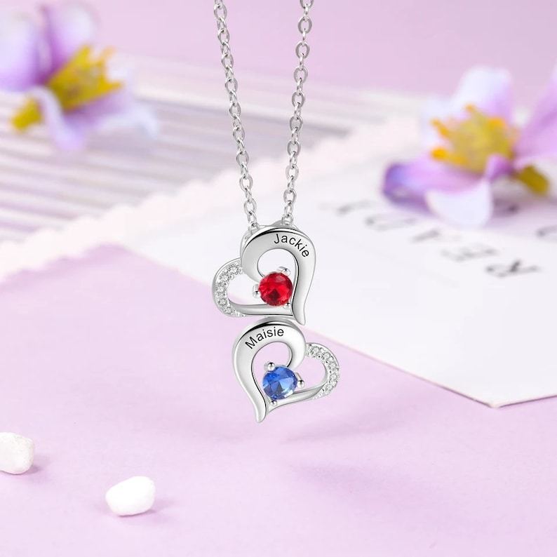 Personalized 2 Hearts Necklaces With Name and Birthstone