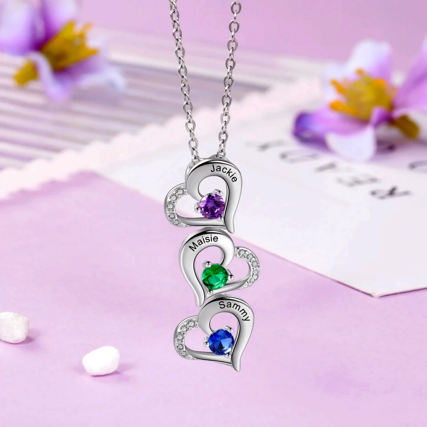 Personalized Hearts Necklaces With Names and Birthstones