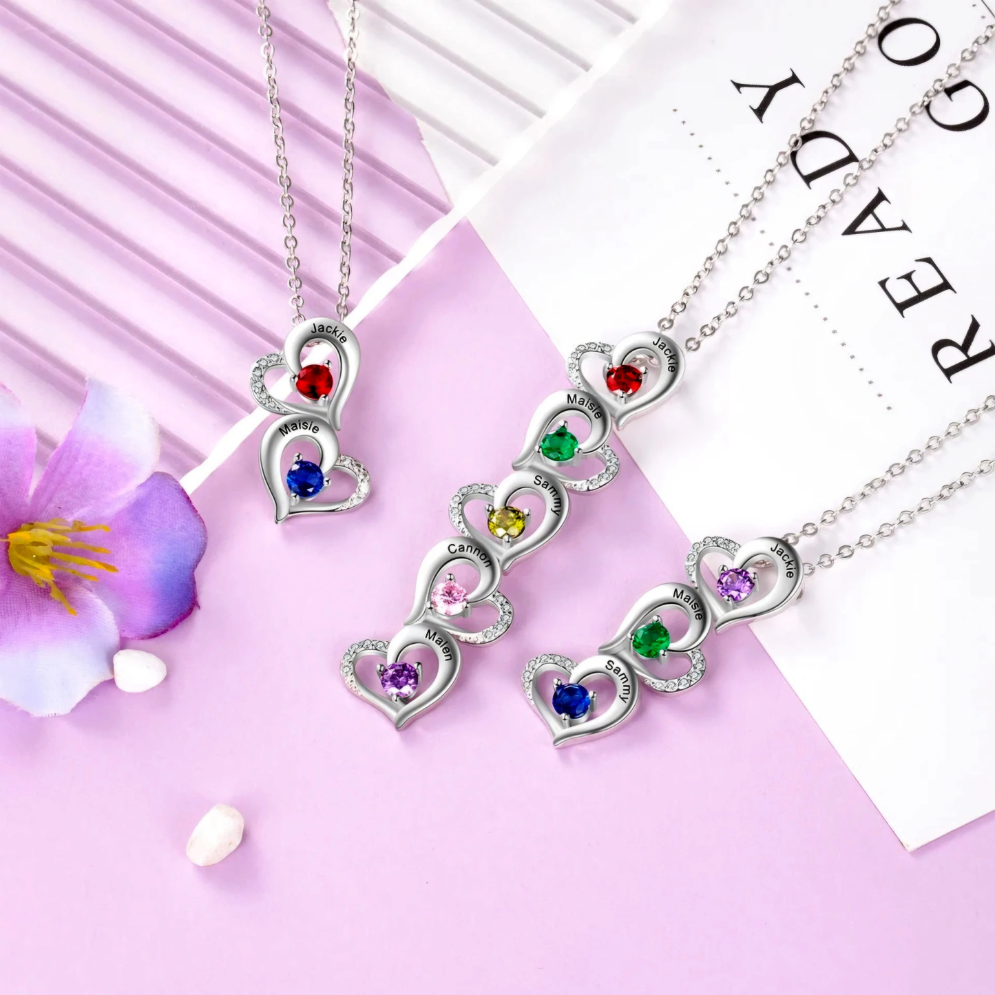 Personalized Hearts Necklaces With Names and Birthstones
