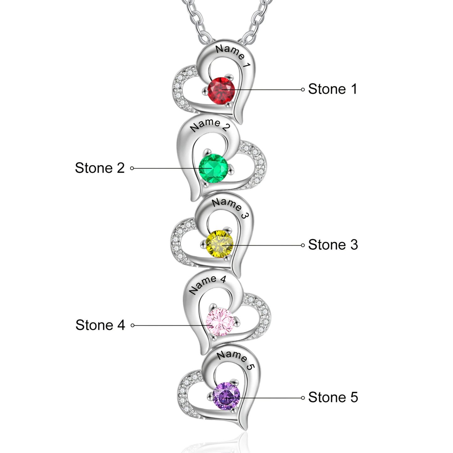 Personalized Hearts Necklaces With Names and Birthstones