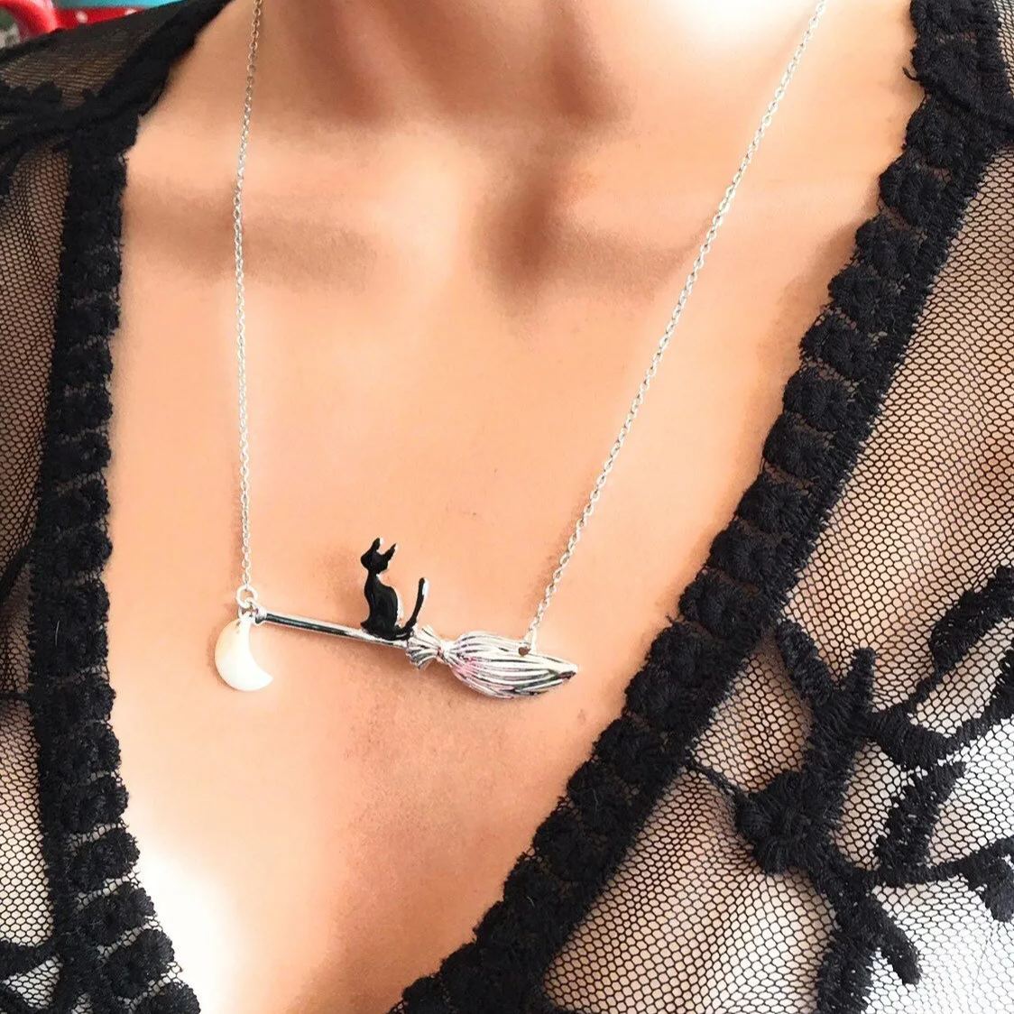 Black Cat Necklace - Black Cat Pendant- Cat Lovers Necklace -Halloween Necklace - Cat Jewelry