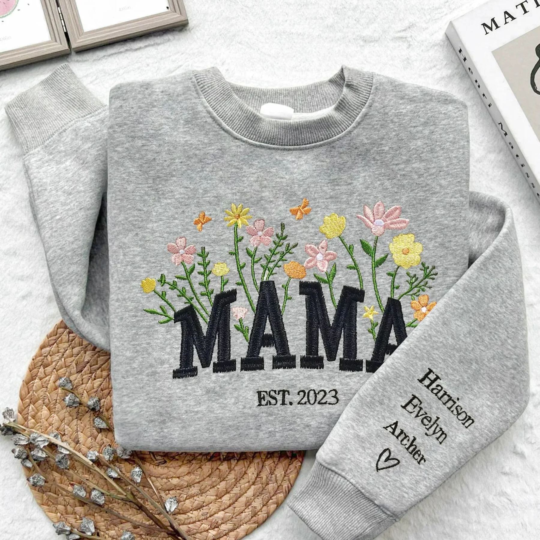Custom Mama Embroidered Floral Sweatshirt