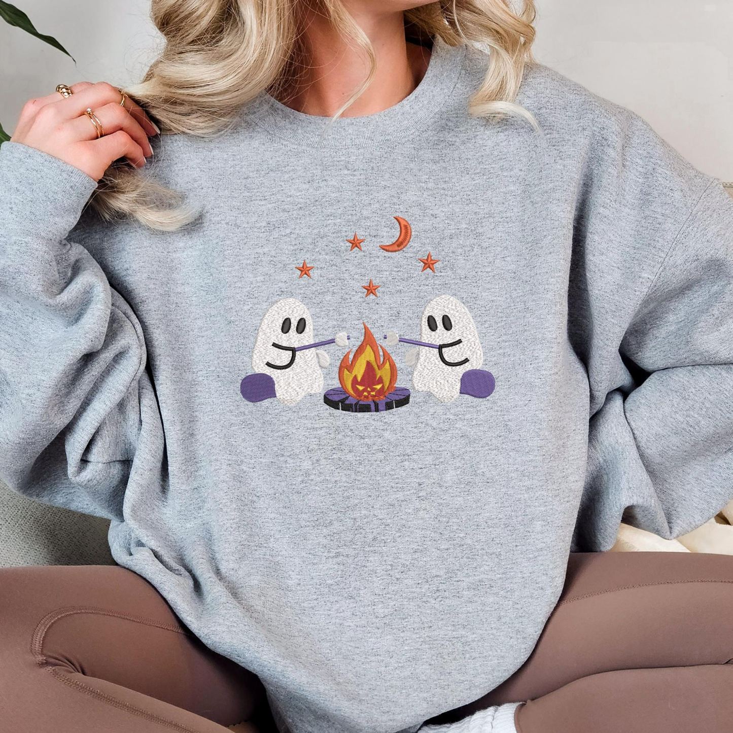 Embroidered Cute Ghost Camping Sweatshirt