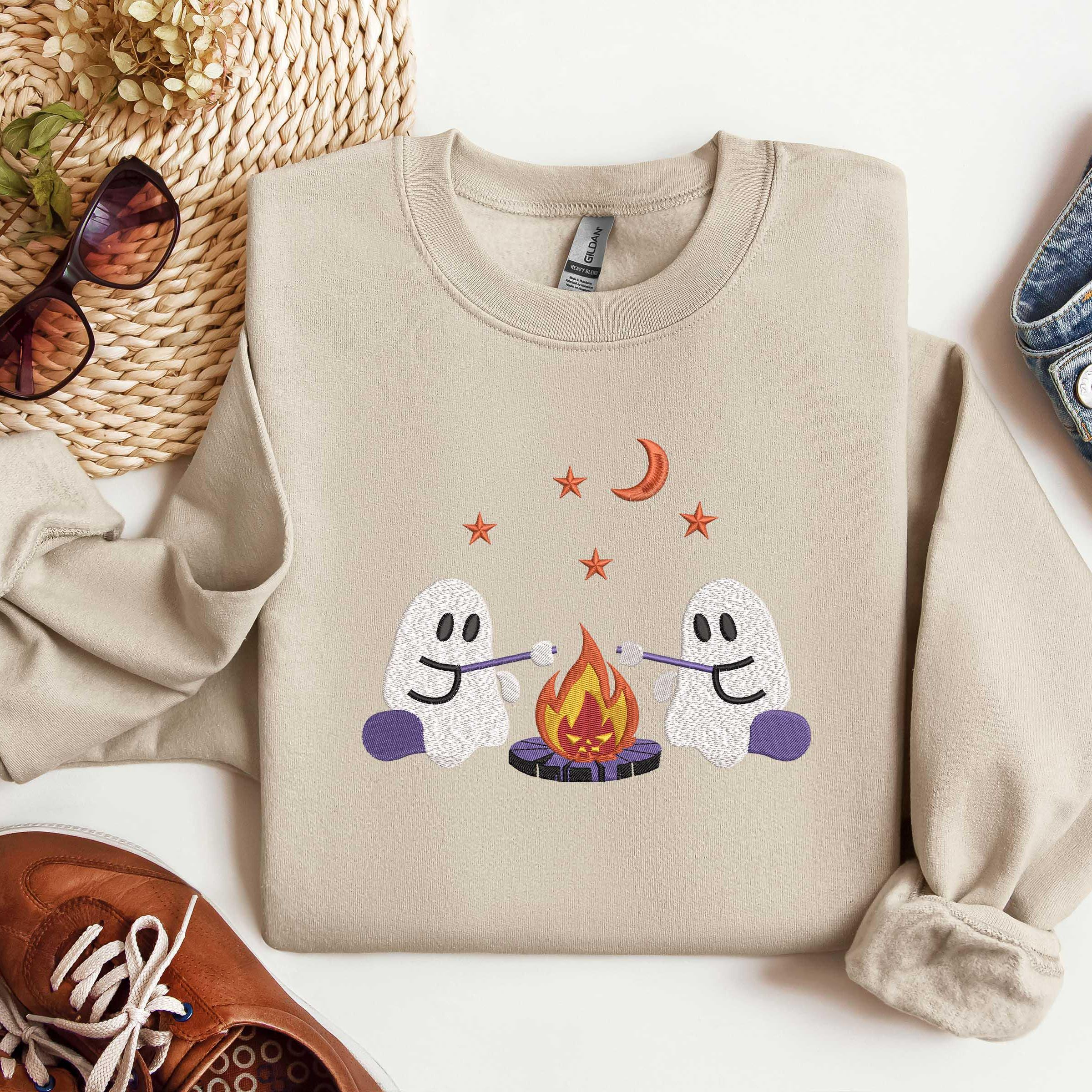 Embroidered Cute Ghost Camping Sweatshirt