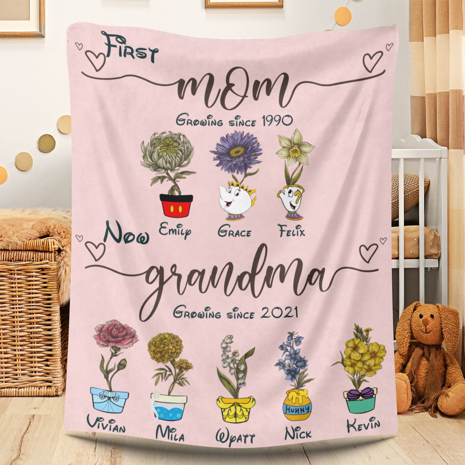 Personalized First Mom Now Grandma Birth Month Flower Blanket