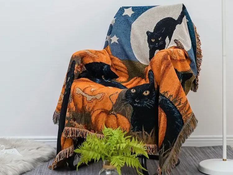 Halloween Home Decor Pumpkin Cat Blanket