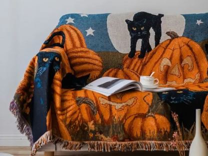 Halloween Home Decor Pumpkin Cat Blanket