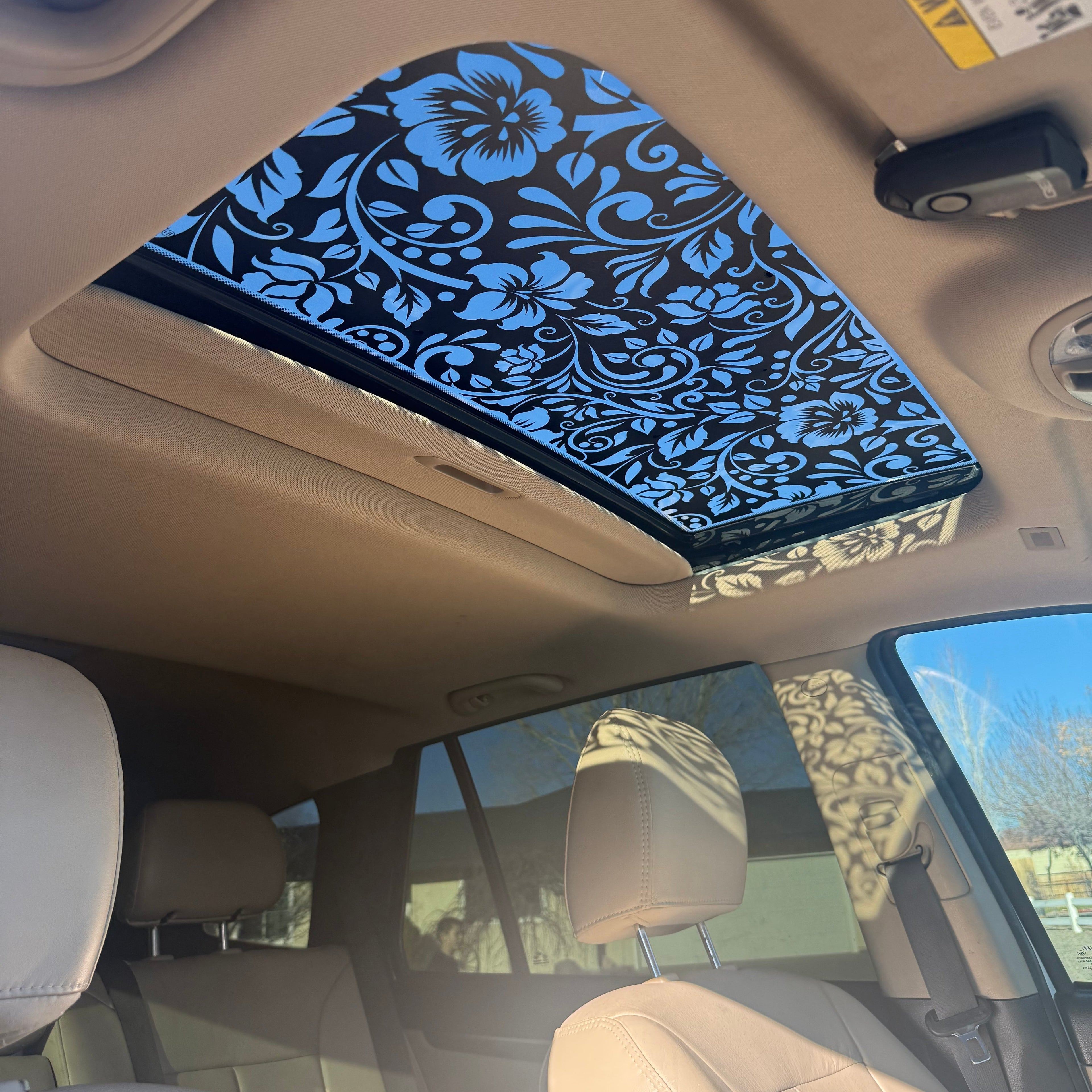 Tooled Leather Sun Roof Car Decal with Blue Floral Pattern
