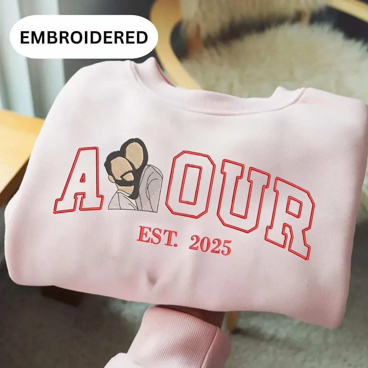 Personalized Embroidered Photo Couple LOVE Est Year Sweatshirt