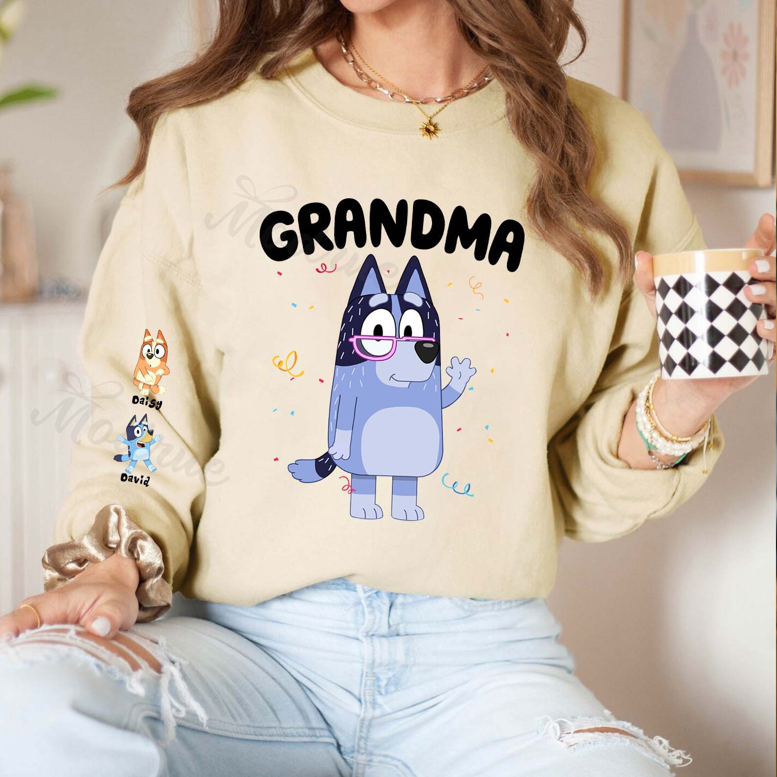 Custom Cartoon NANA Sweatshirt with Kid's Name on Sleeve