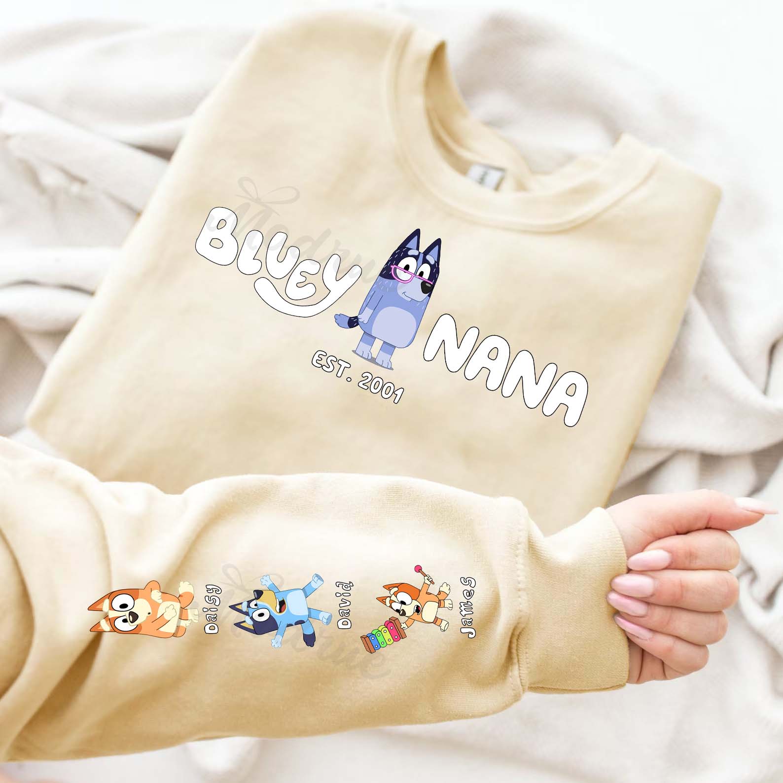 Custom Cartoon NANA Sweatshirt with Kid's Name on Sleeve