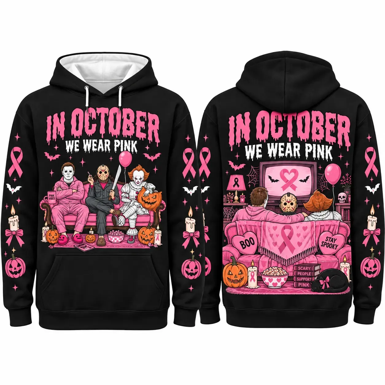 Pink Breast Cancer Awareness Horror Print Sweatshirt