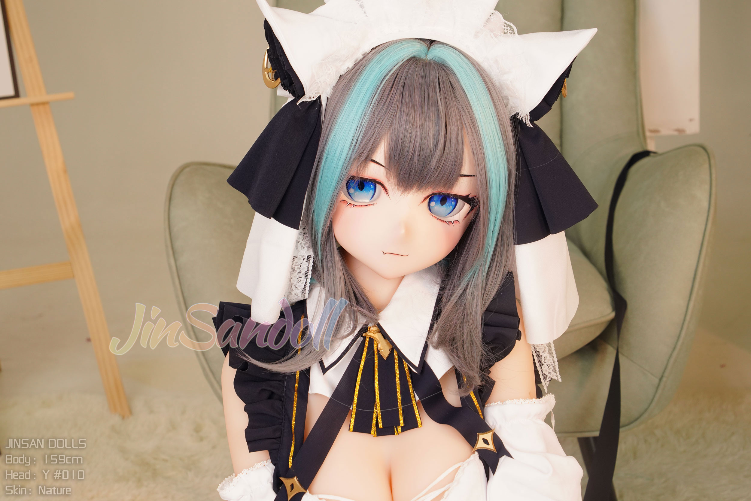 Anime style sex doll, blue and gray hair, maid outfit, 159cm, Jinsan Dolls