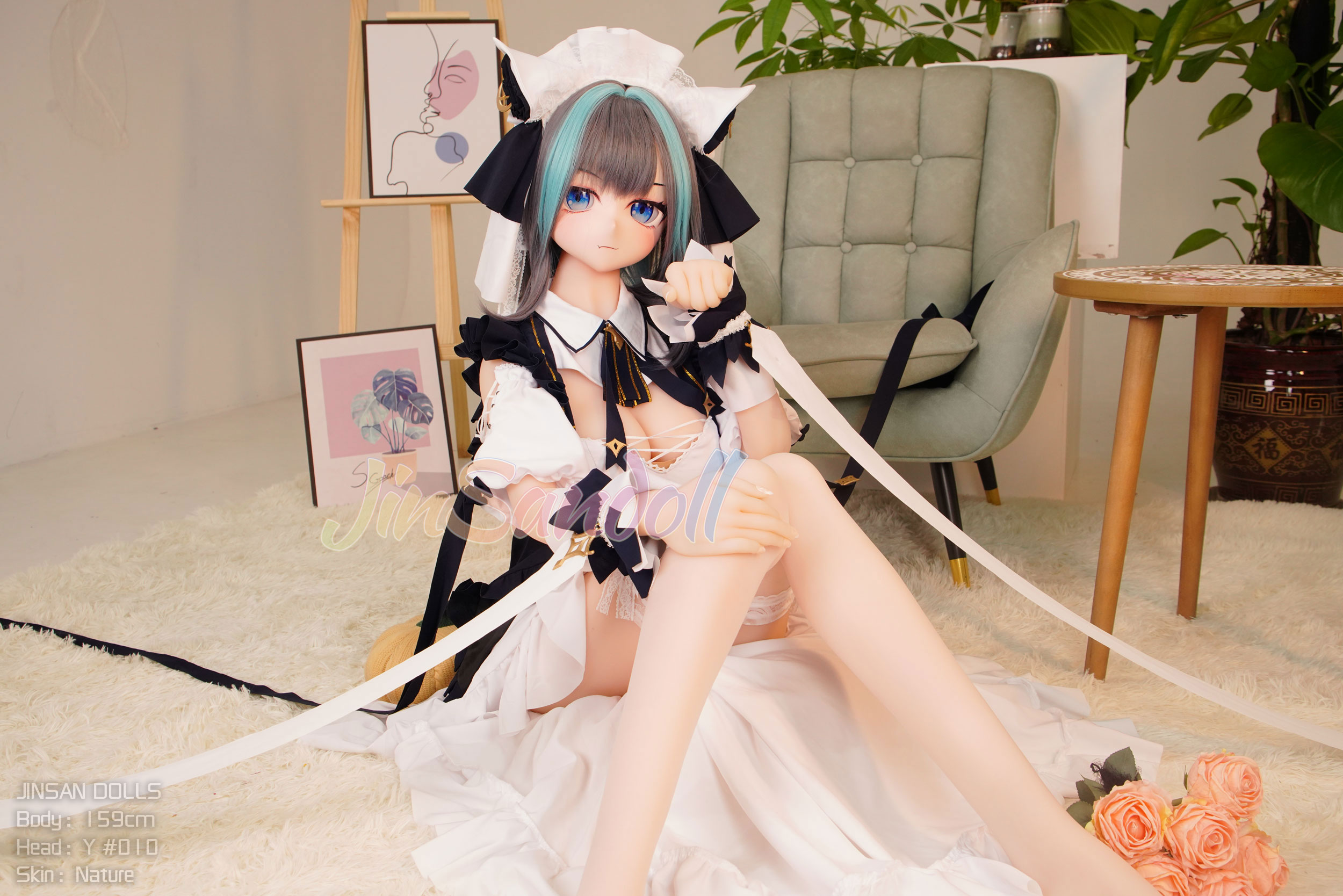 Anime doll Yukio, wearing maid outfit and holding flowers