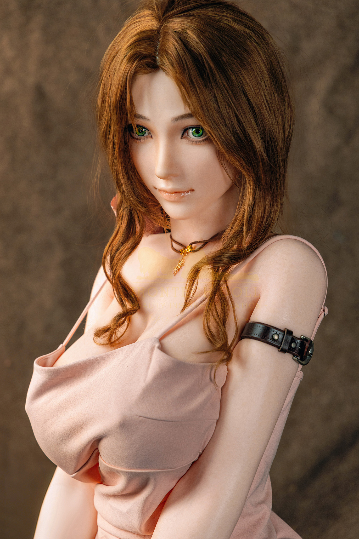 Aerith silicone doll, green eyes, light pink dress, dark bracelet