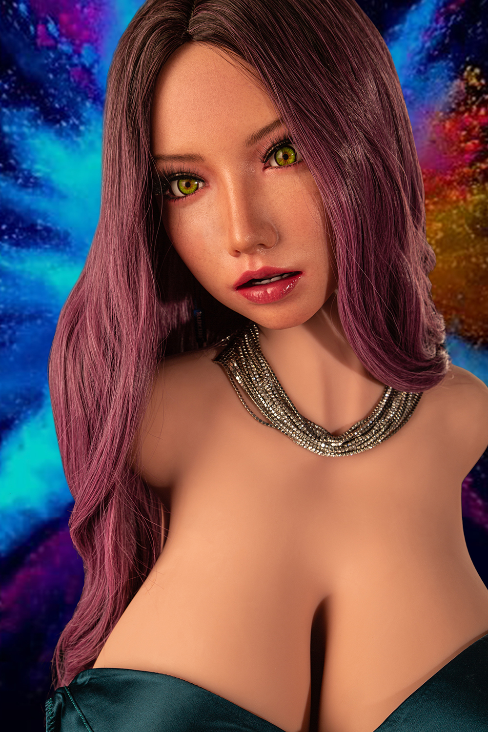 Realistic Asian sex doll torso with pink hair and necklace
