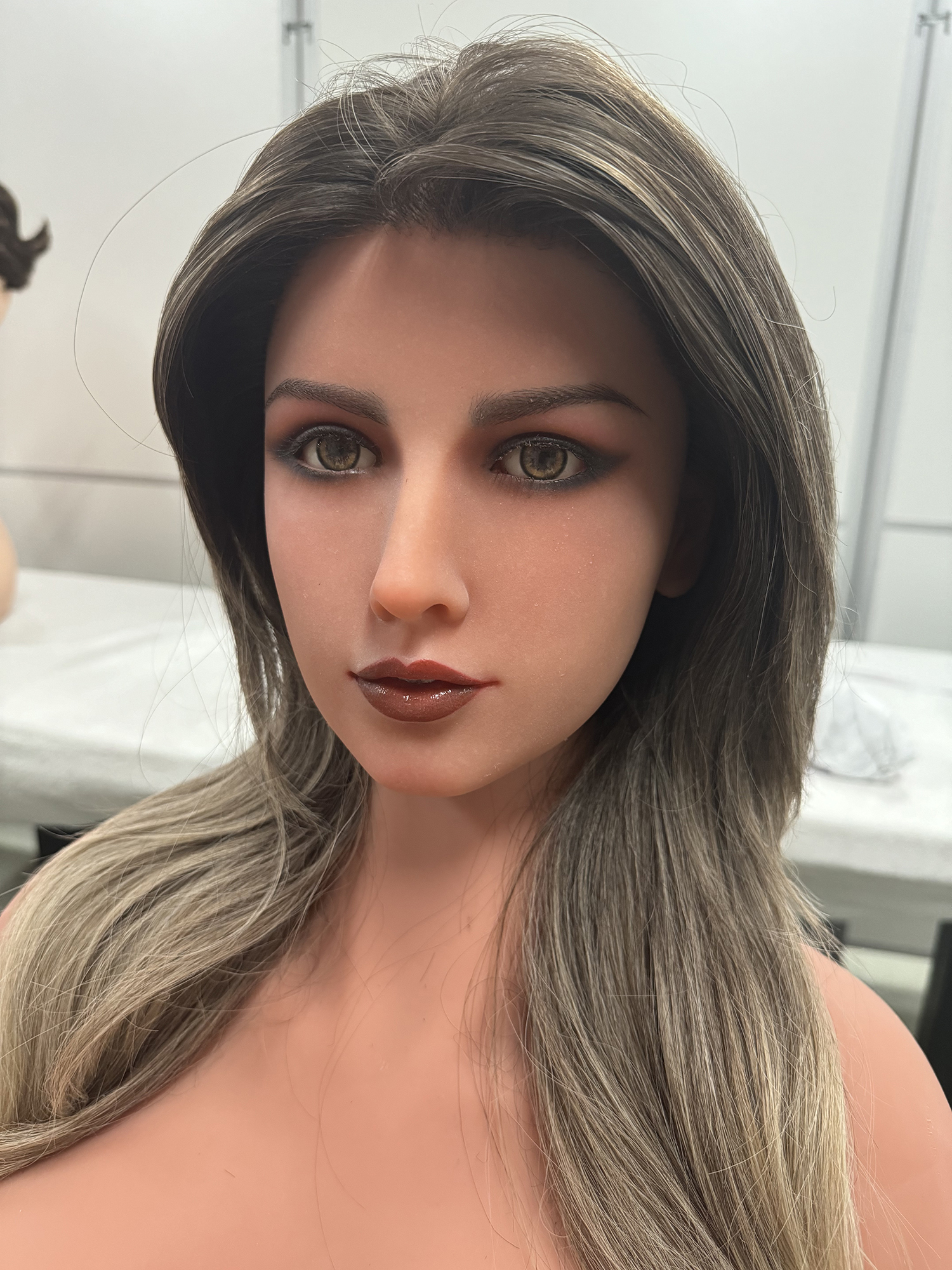 Close-up of realistic silicone doll face