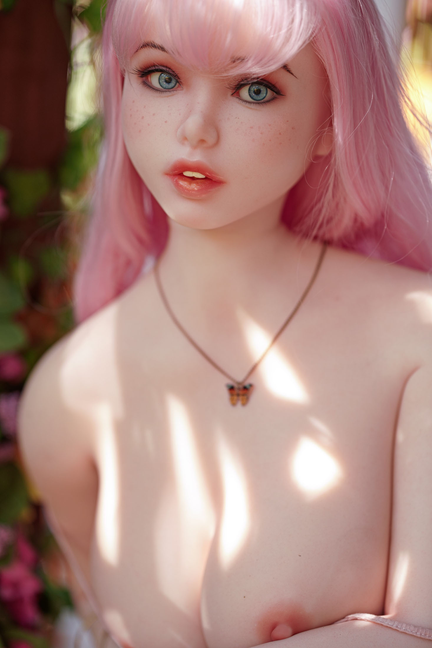Ariel sex doll, pink hair, butterfly necklace, garden scene