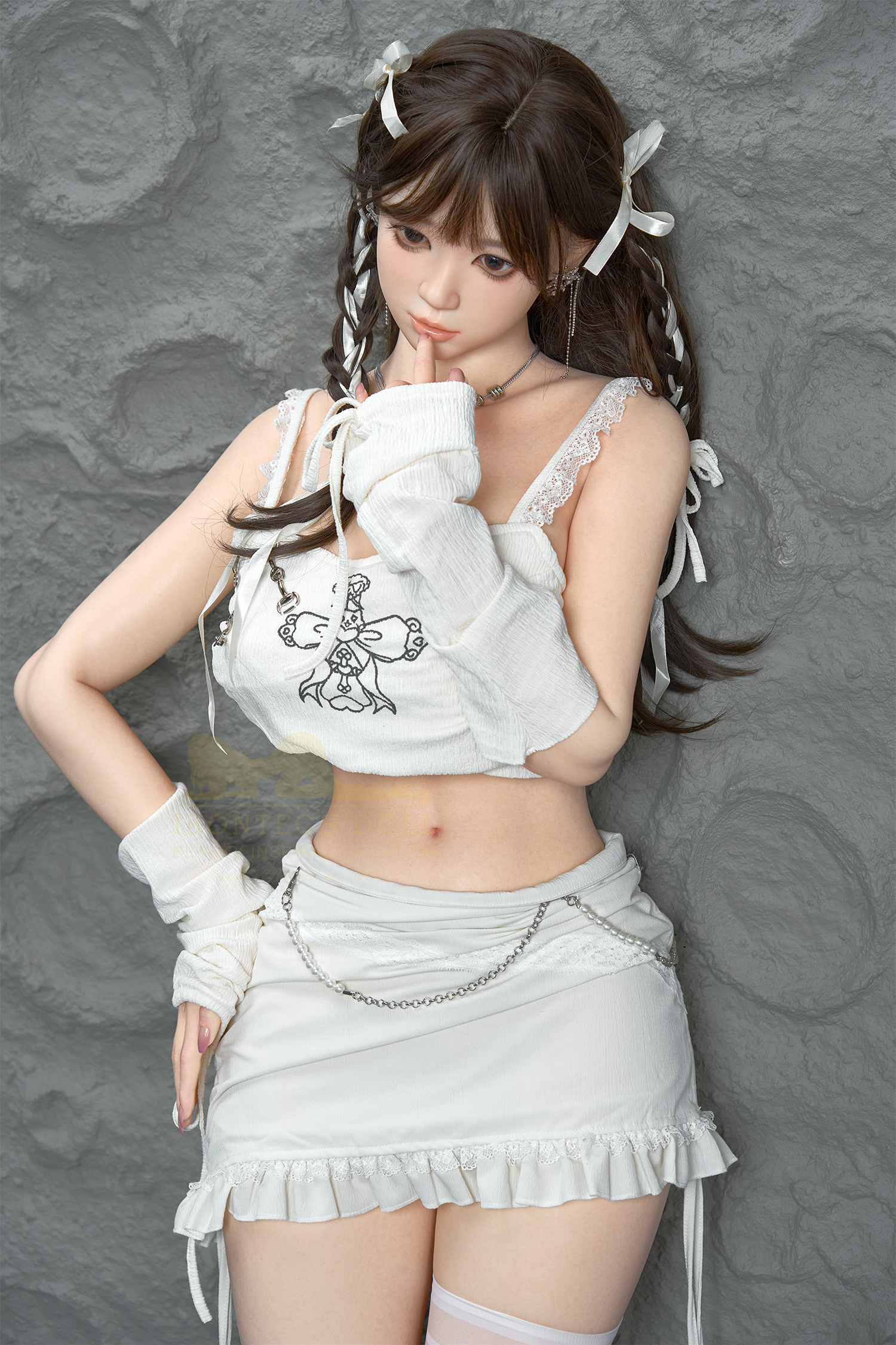 Nia sex doll in fashionable white outfit, posing