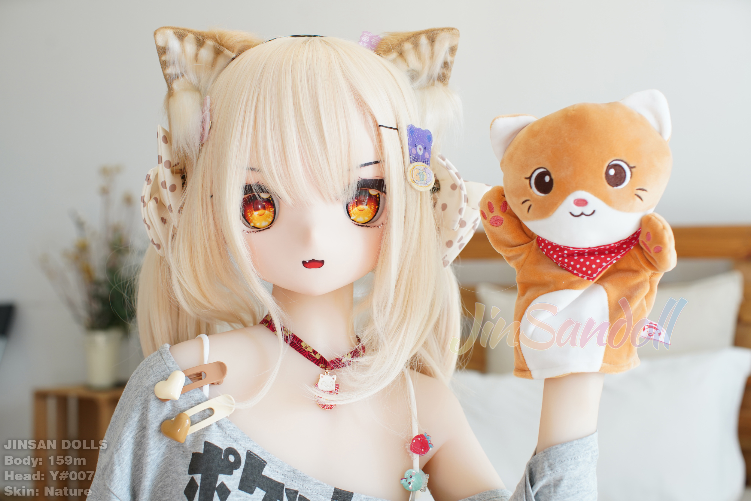 Anime doll Ayano, cat ear headband, holding a cat puppet