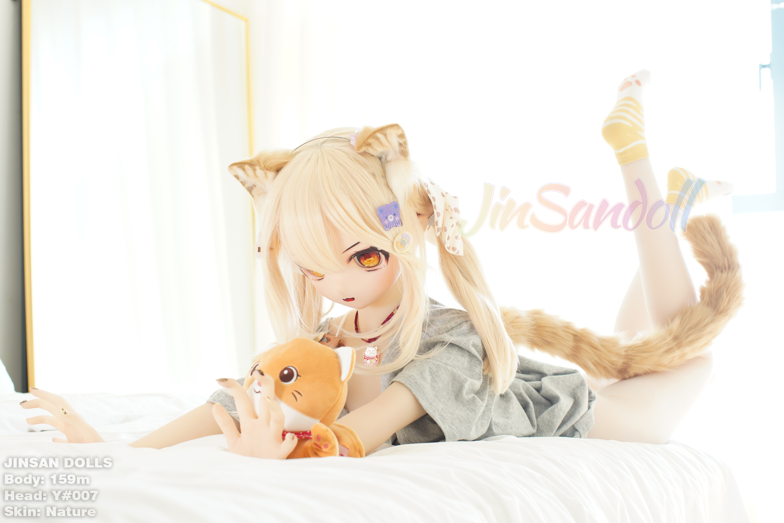 Anime doll Ayano with cat ears holding a plush toy, Jin Sandoll