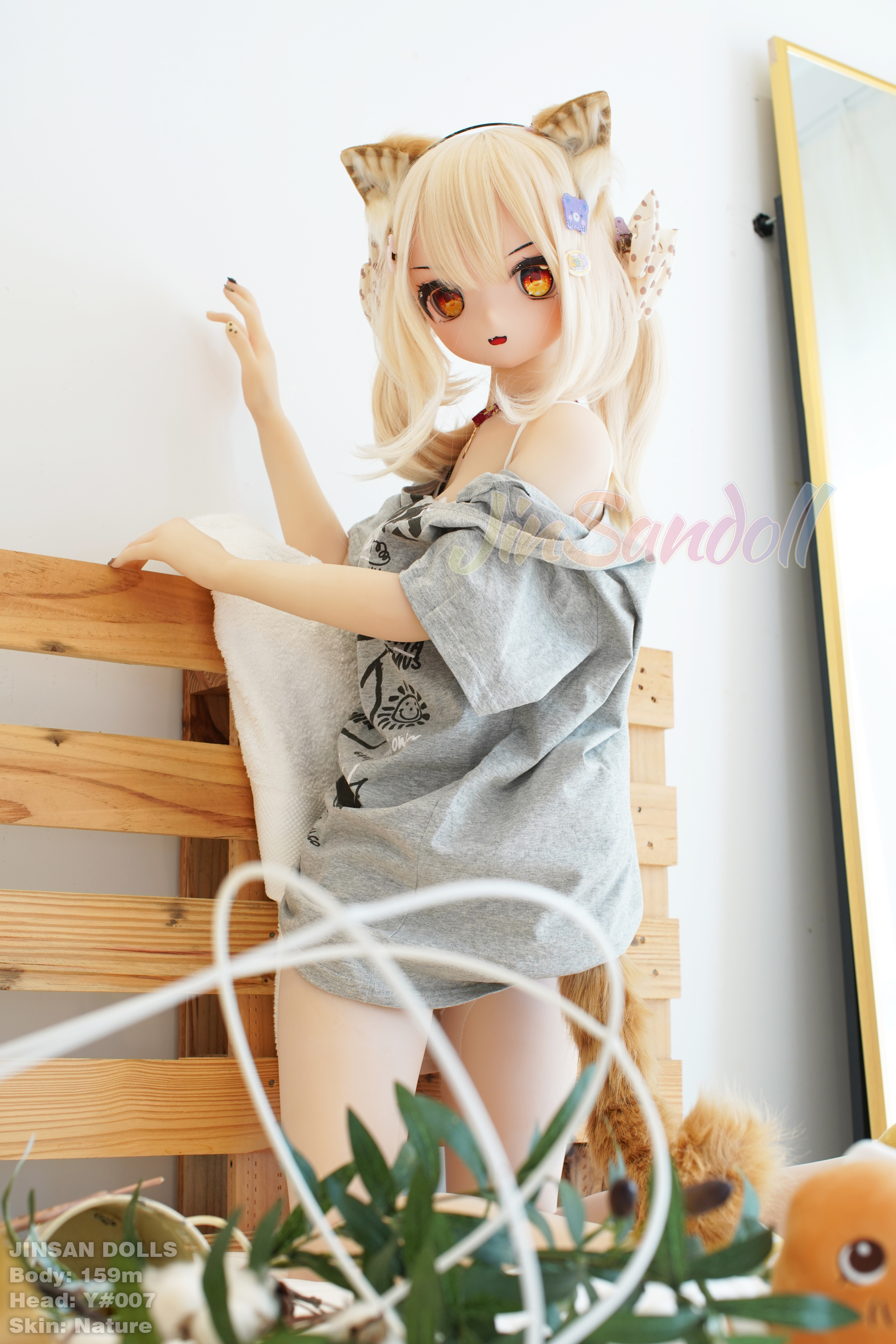 Anime-style doll Ayano by Jinsan Dolls, cat ears, grey shirt, standing, 159cm