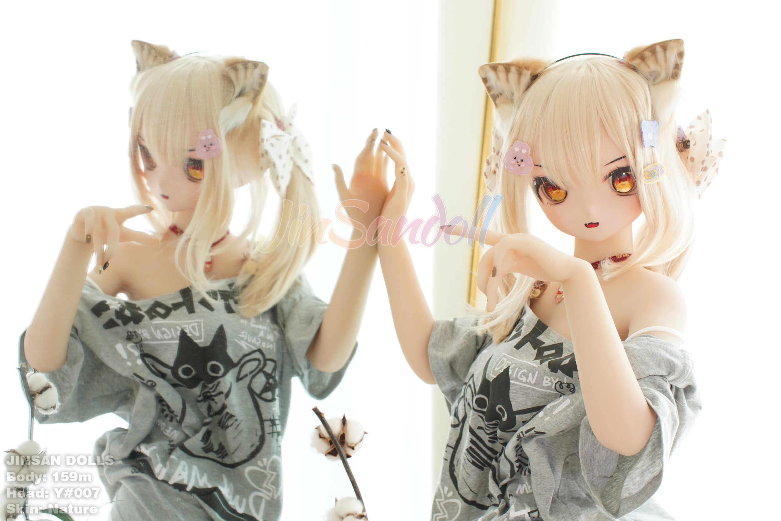 Anime sex doll Ayano by Jinsan Dolls, wearing cat ears and a grey shirt