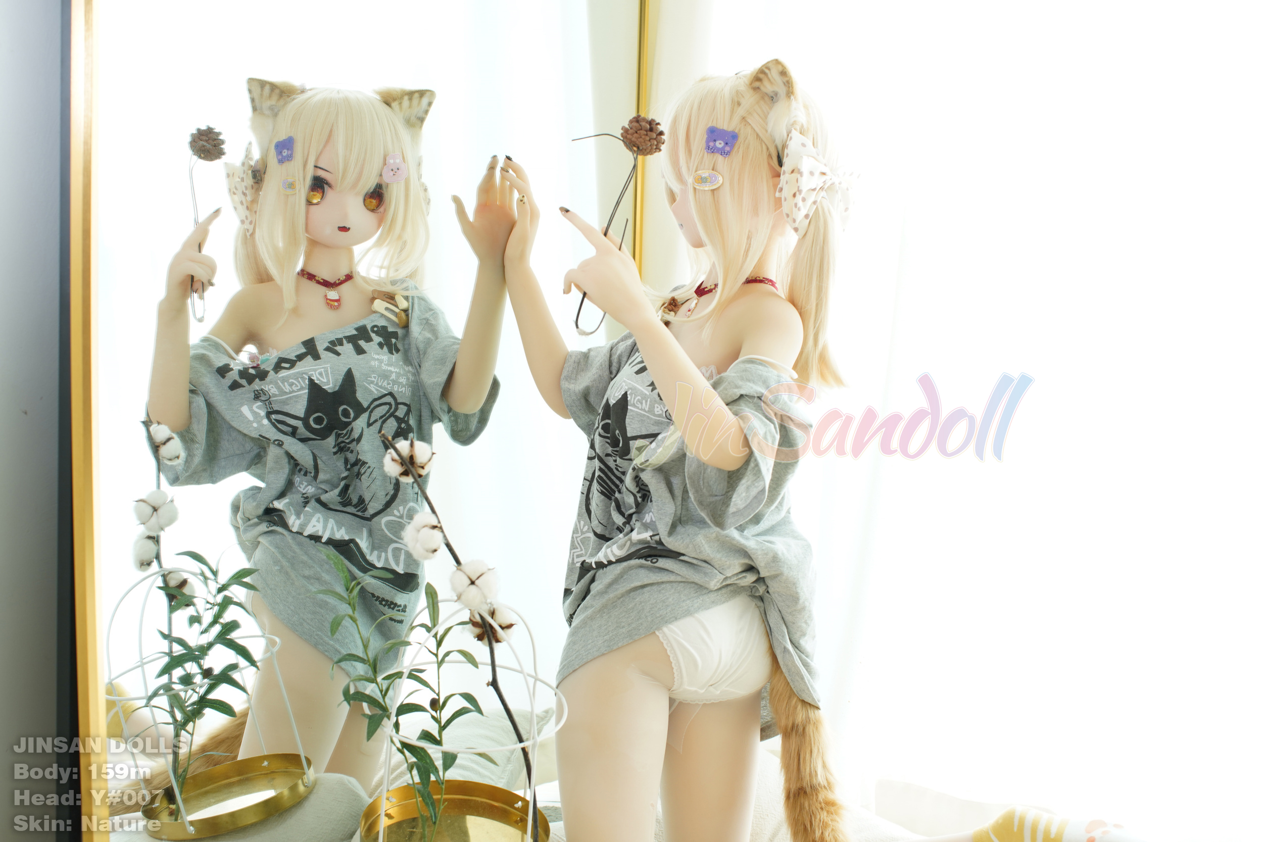 Anime doll Ayano with cat ears, standing with mirror, Jinsan Dolls