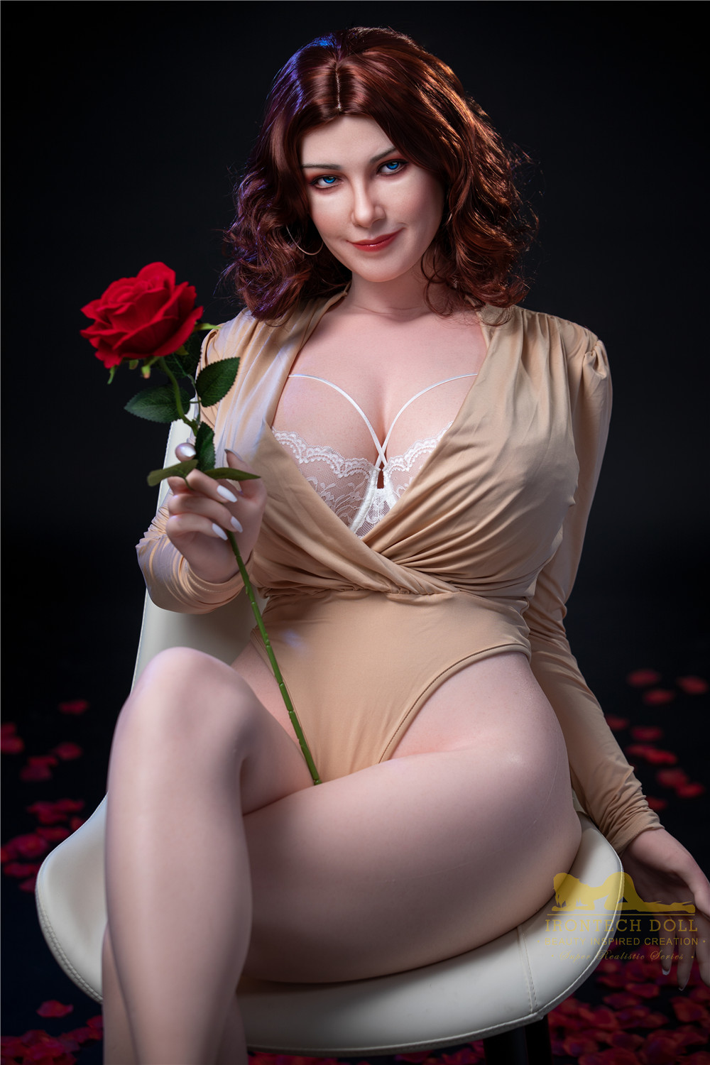 Carmel silicone doll holding a red rose, Irontech Doll product