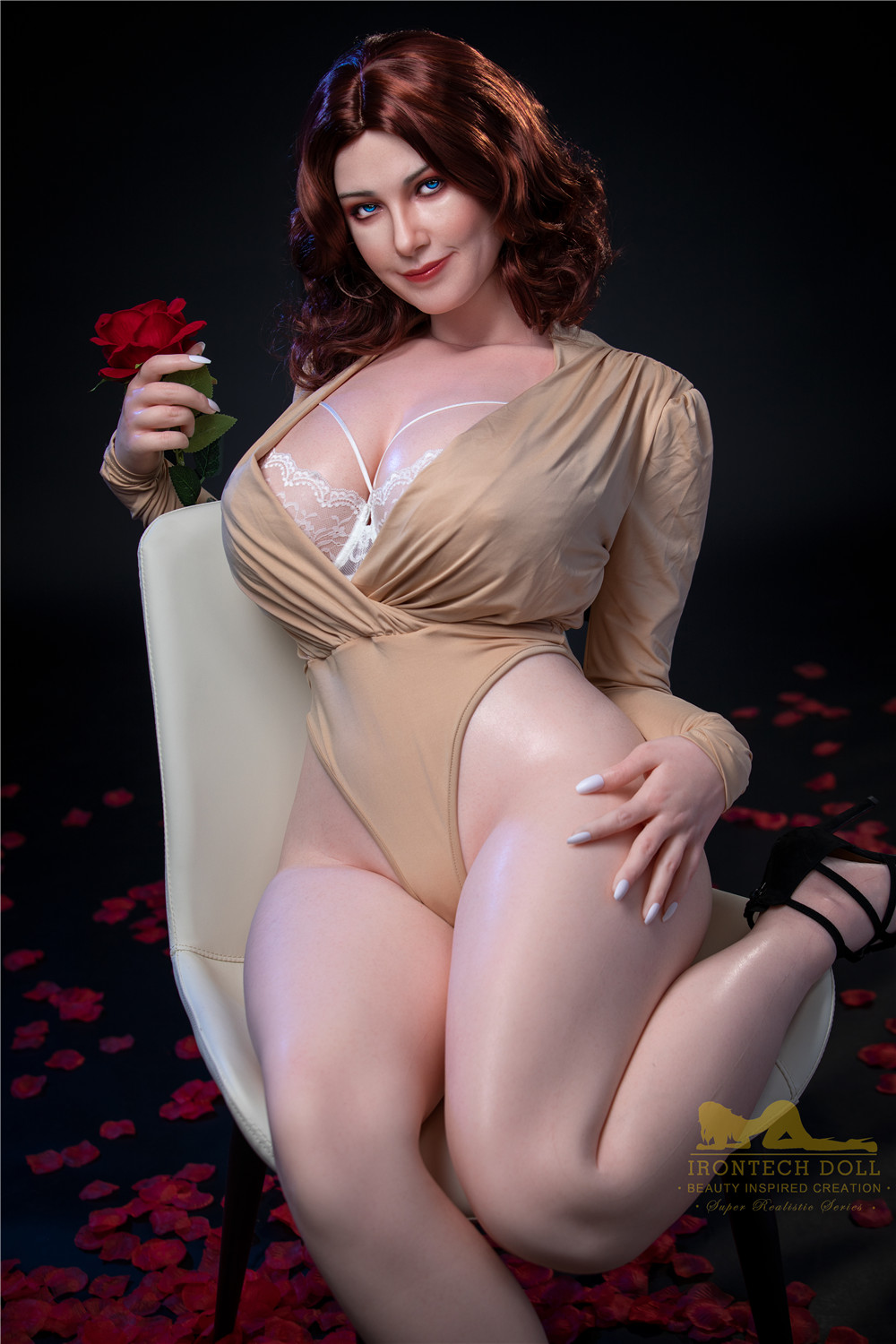 5ft 160cm Carmel sex doll holding a red rose, Irontech Doll