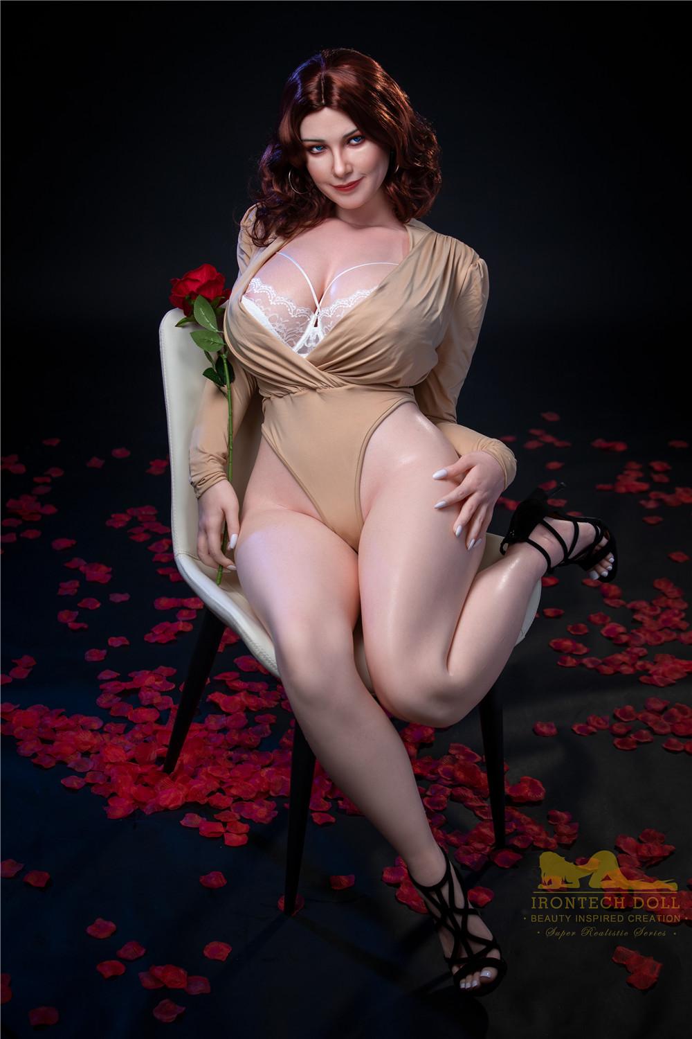 Carmel sex doll, beauty inspired creation, holding a red rose