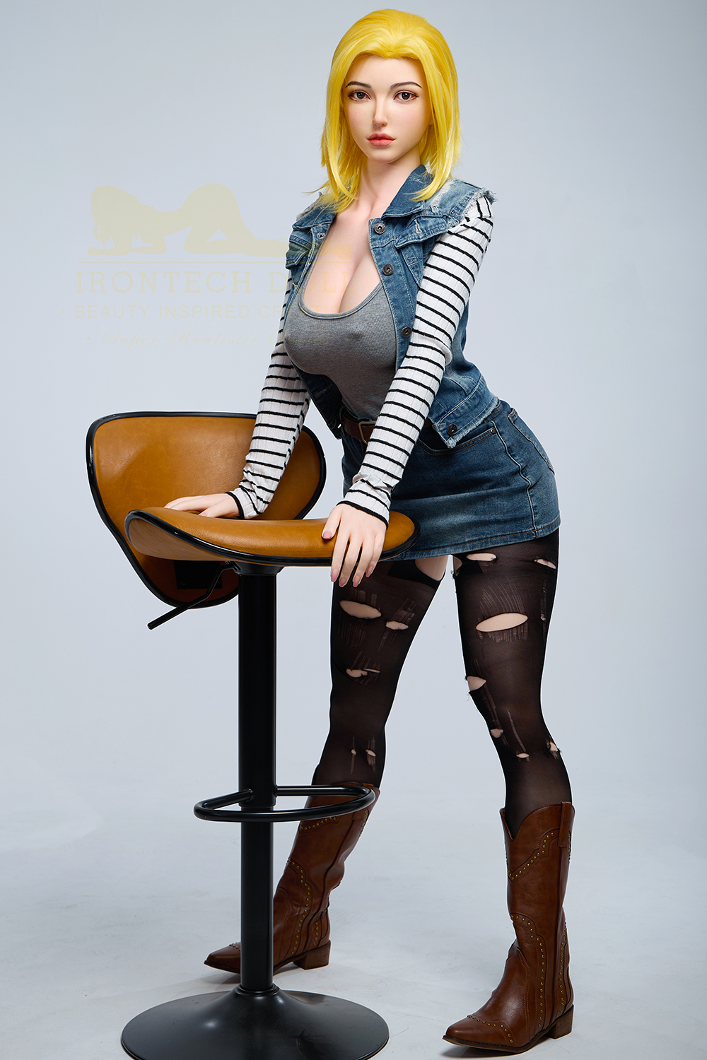 Realistic sex doll, denim outfit, blonde hair, and boots