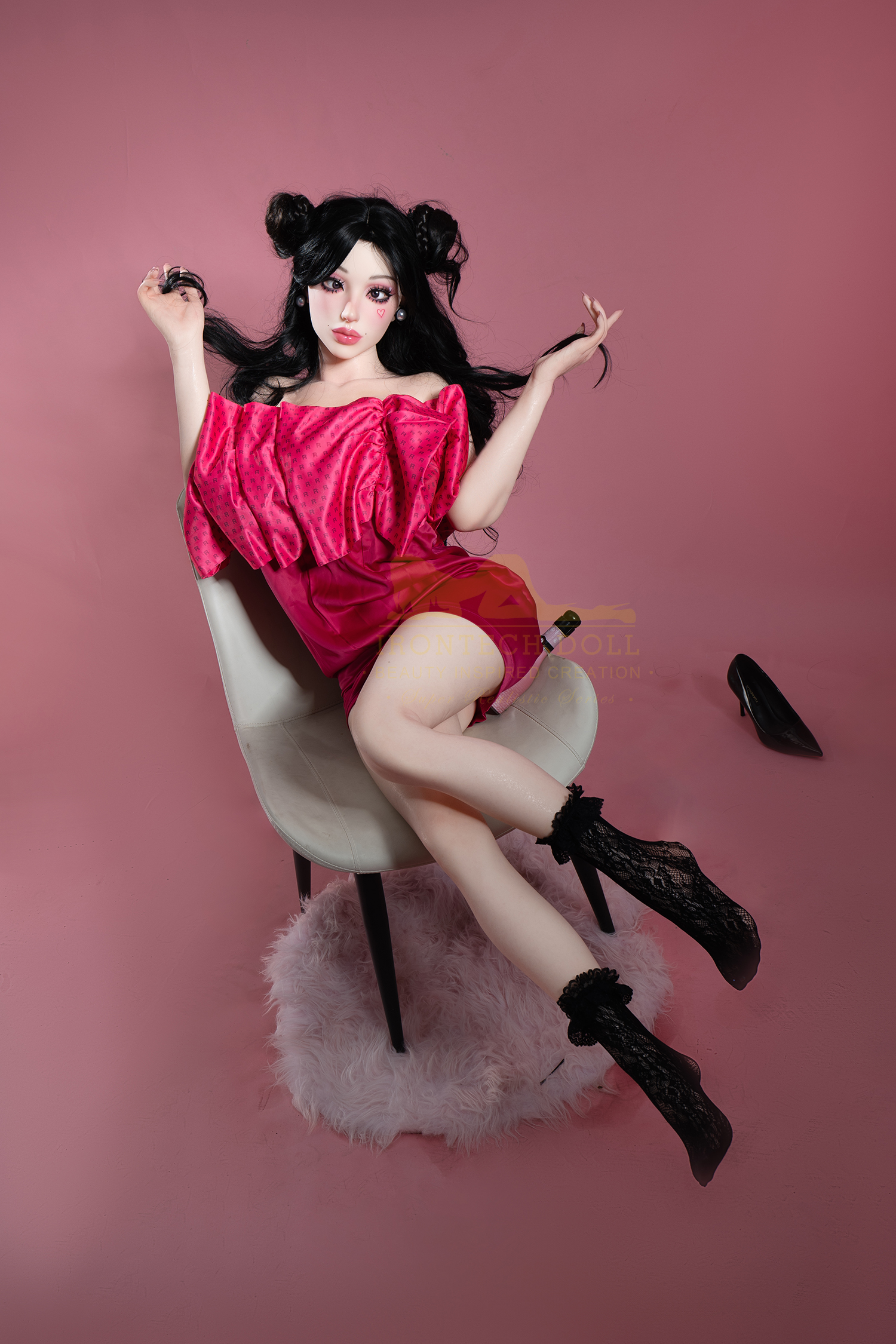 Bailey sex doll in pink dress, sitting on chair, Lilysuck product