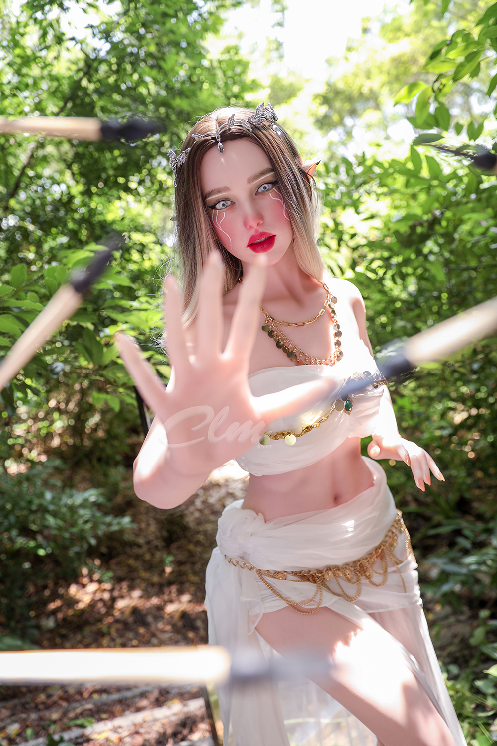 Athena Elf Sex Doll in Forest, Fantasy Doll, holding out hand