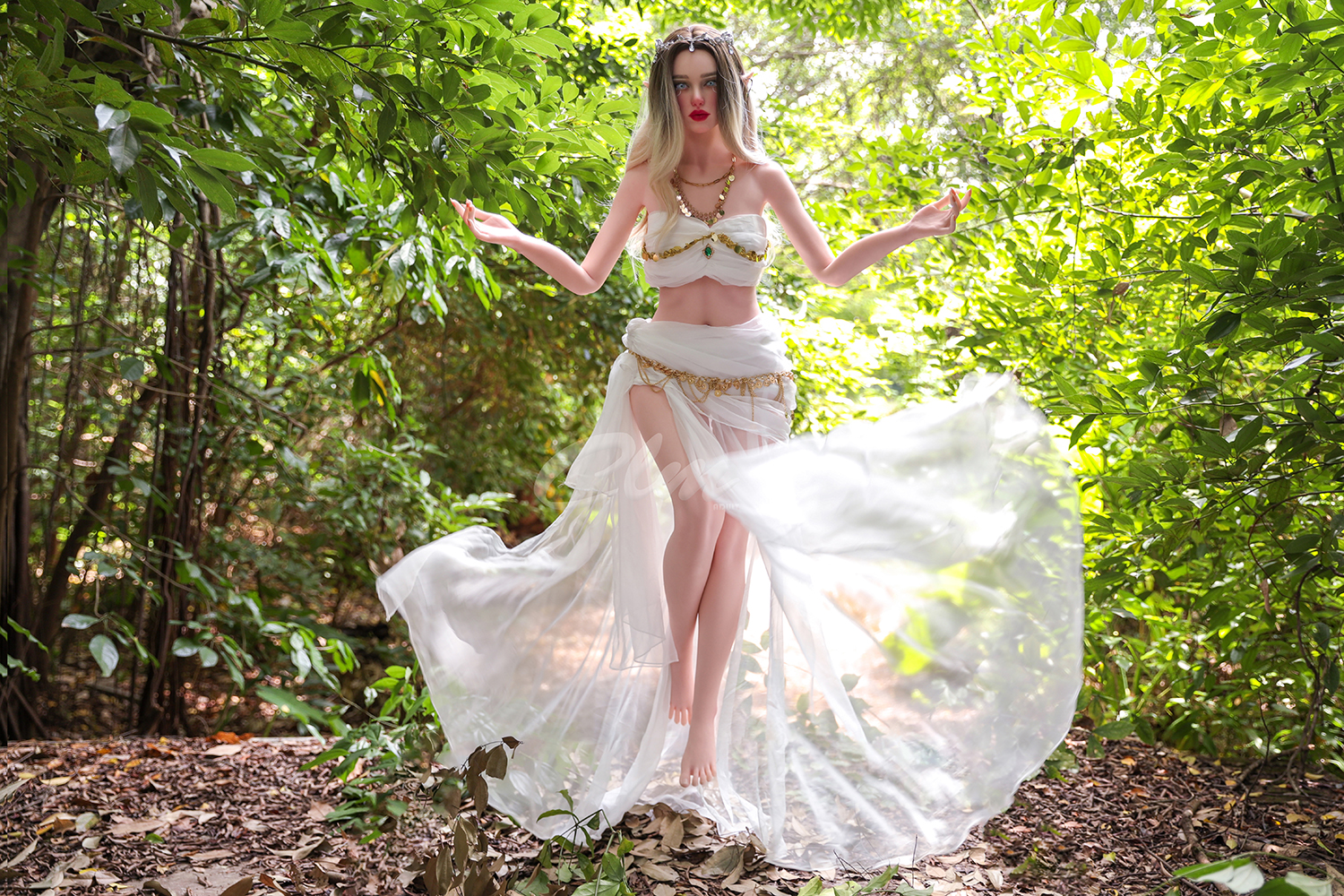 Athena Elf Doll in forest, wearing white dress