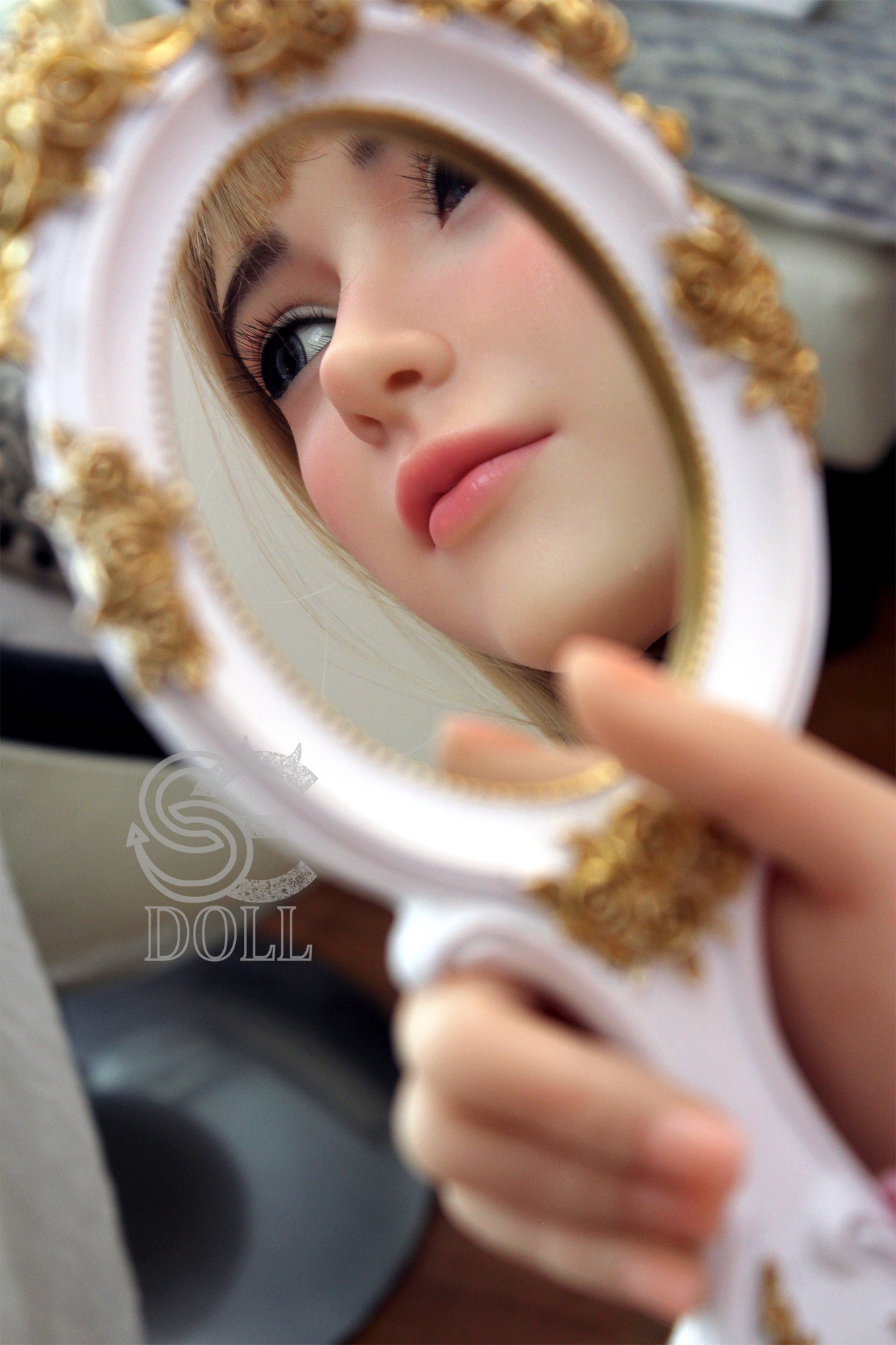 Annika.G doll looking in mirror, detailed silicone face
