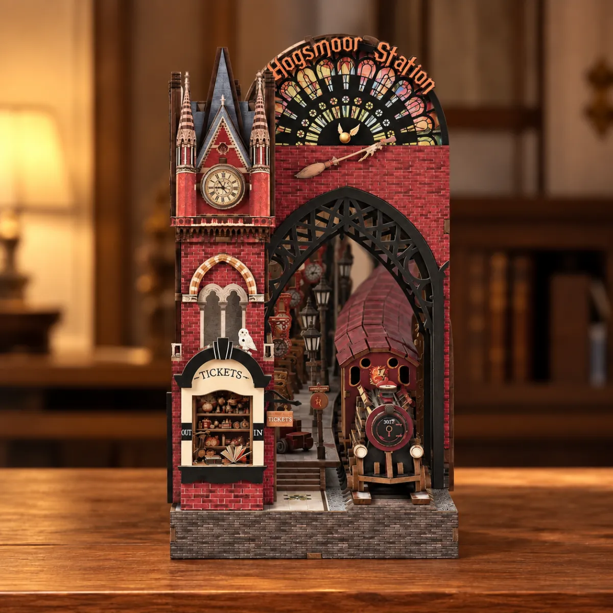 Hogsmoor Station DIY Book Nook Kit with lights off