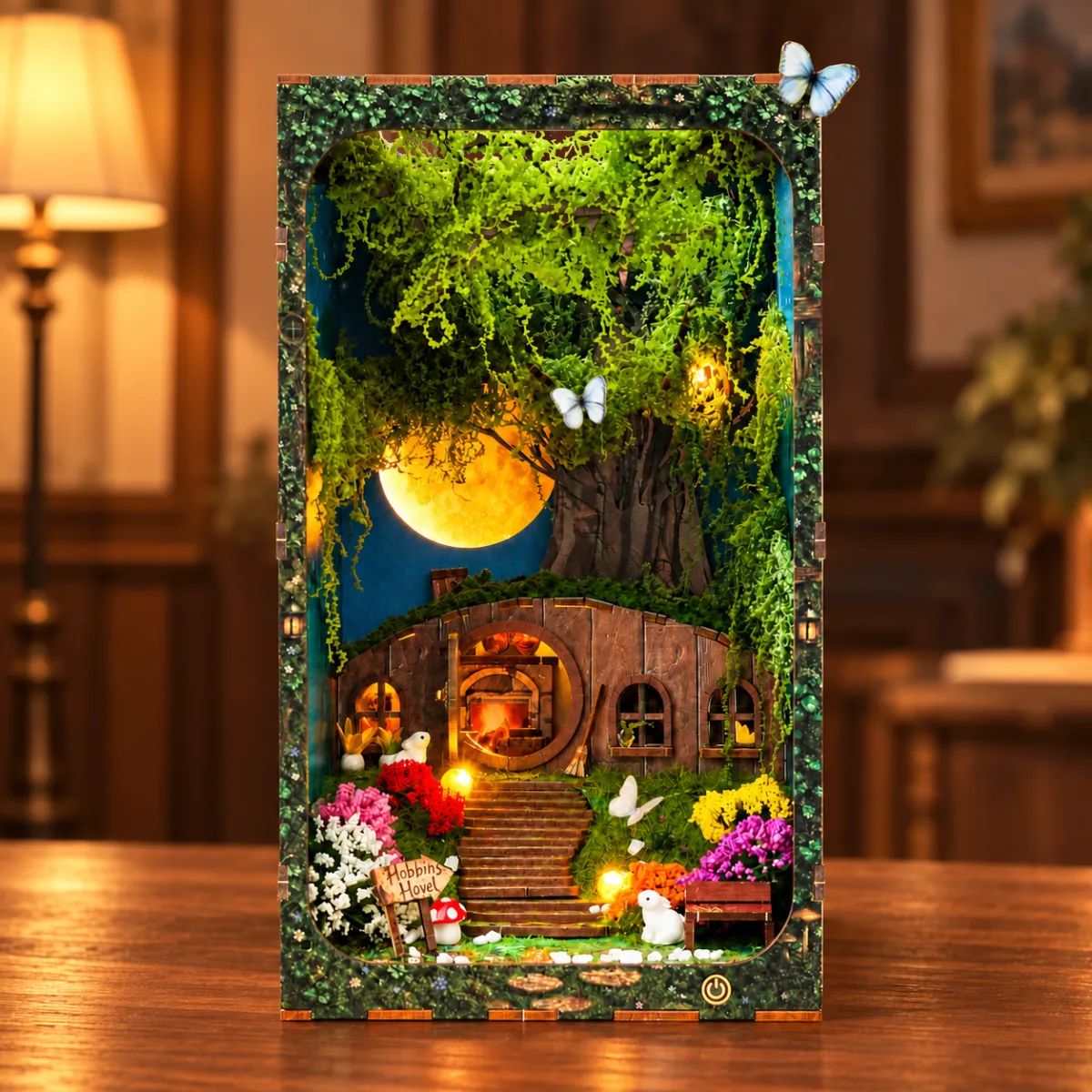 Hobbins Hovel DIY Book Nook Kit with lights on