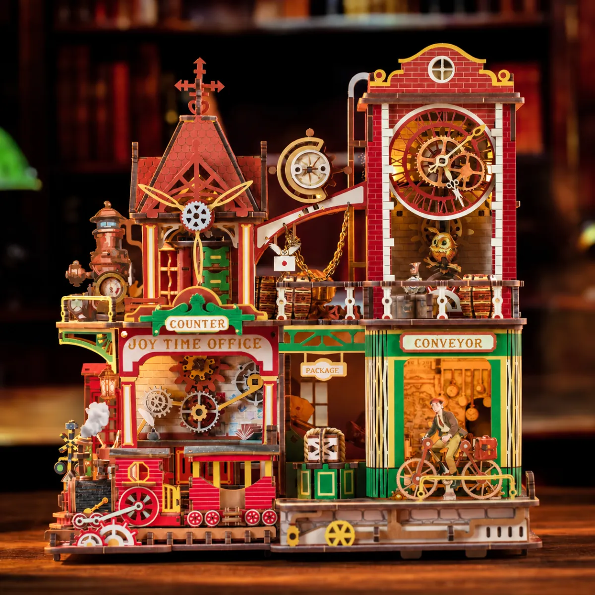 Joey’s Time Post Office DIY Miniature Kit | 3D Mechanical Puzzle Kit with lights on
