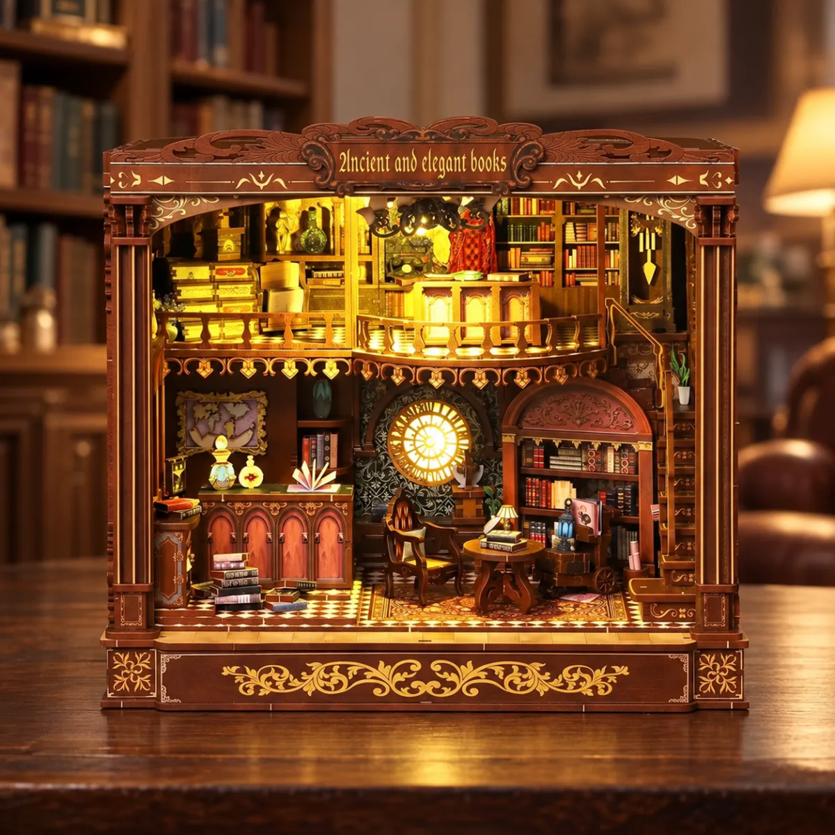 Oude en elegante boeken doe-het-zelf miniatuurset met het licht aan