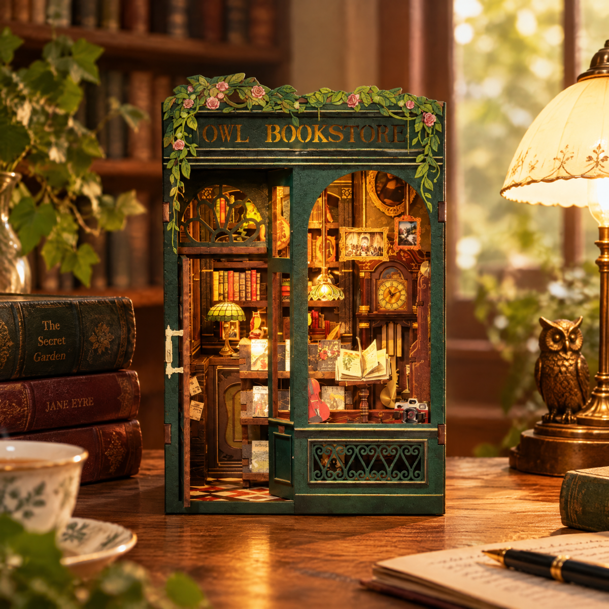 Owl Bookstore DIY Boekenhoekje Kit met het licht aan