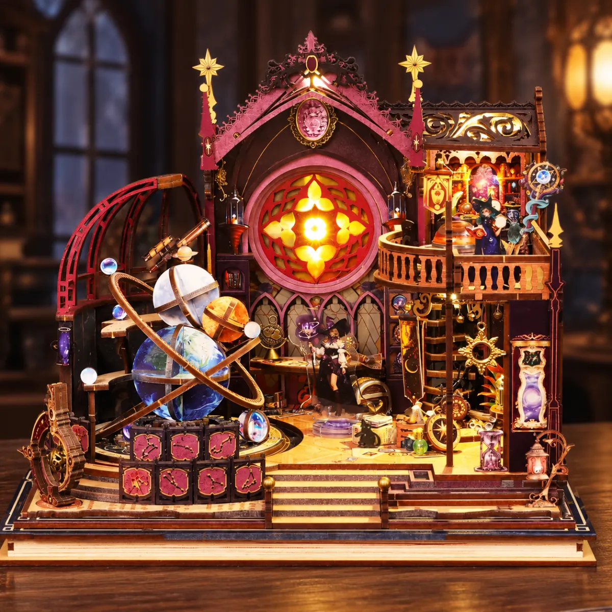 The Star-gazer's Sanctum DIY Miniature Kit with lights on