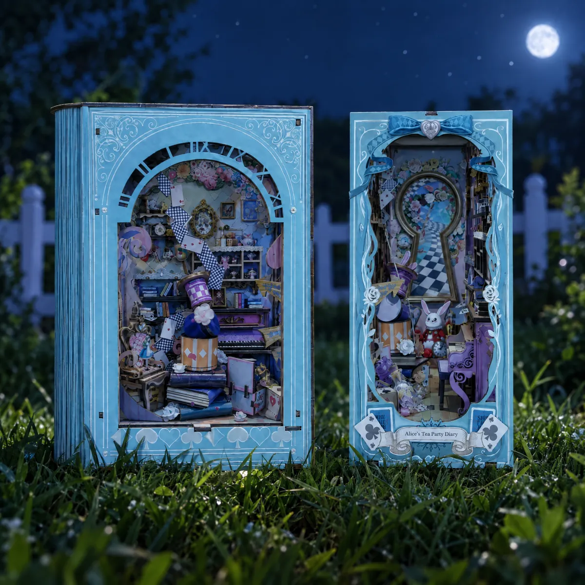 Alice's Tea Party Diary Book Nook Kit with lights off